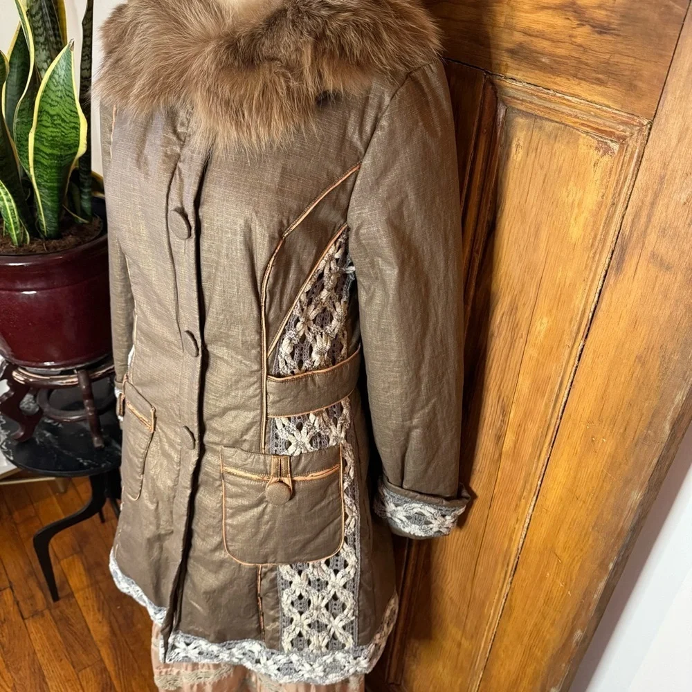 Penny Lane fur cotton crochet puffer button down fur collar coat - Picture 8 of 17